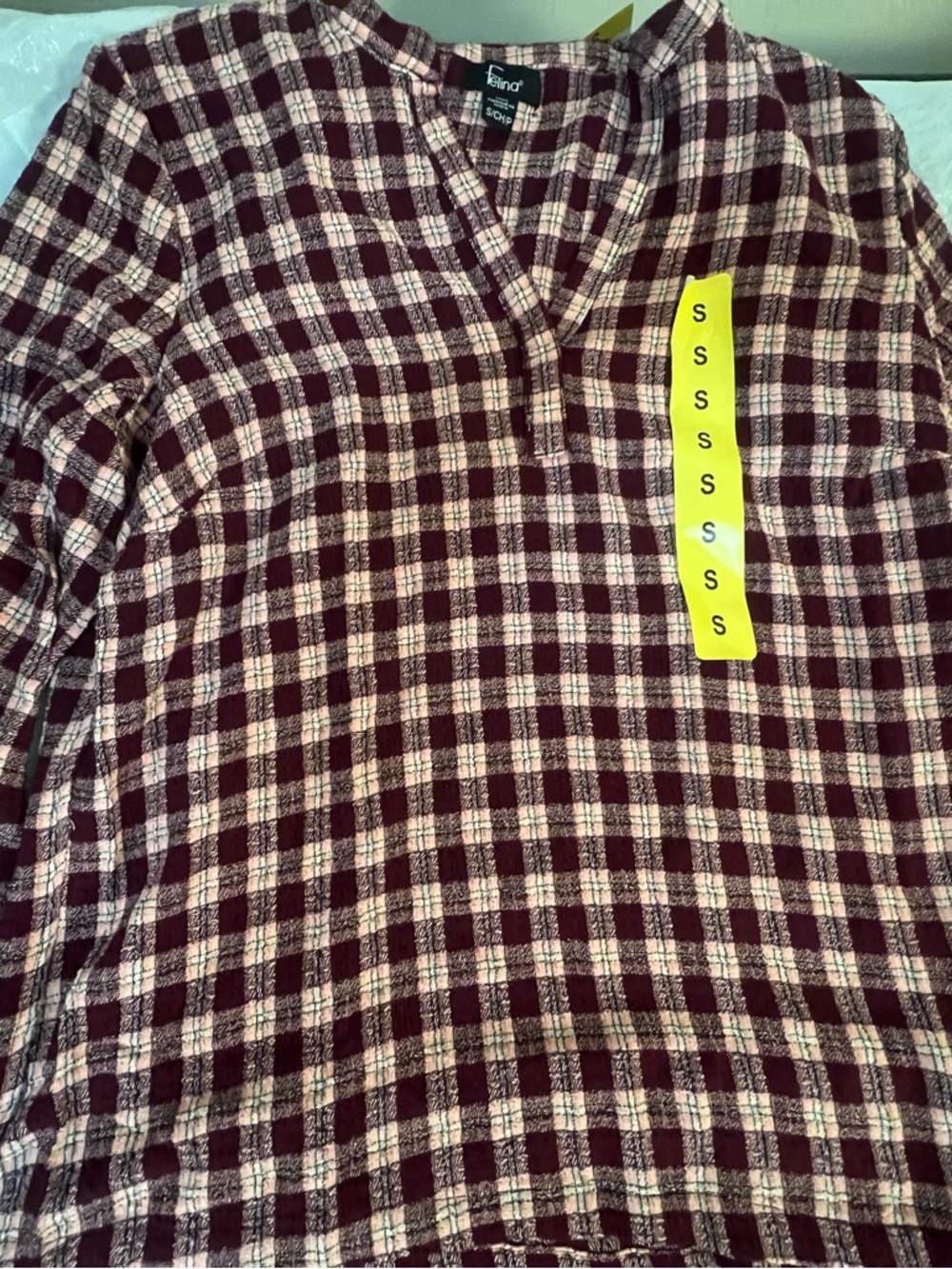 Felina Burgundy and Cream Plaid V-Neck Long Sleeve Top